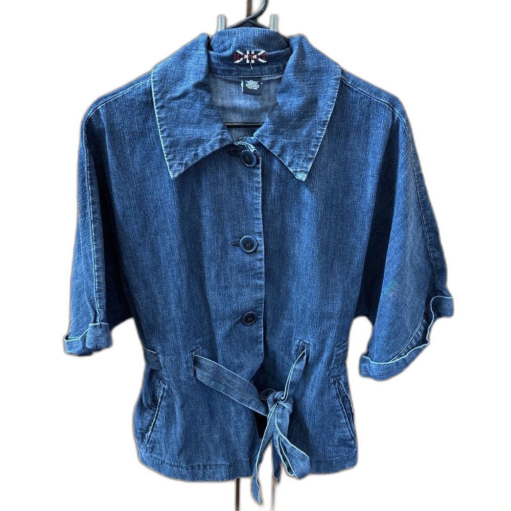 Kikit Denim Jacket Buttons 3/4 Sleeve Pockets Belted Cotton Point Collar XL